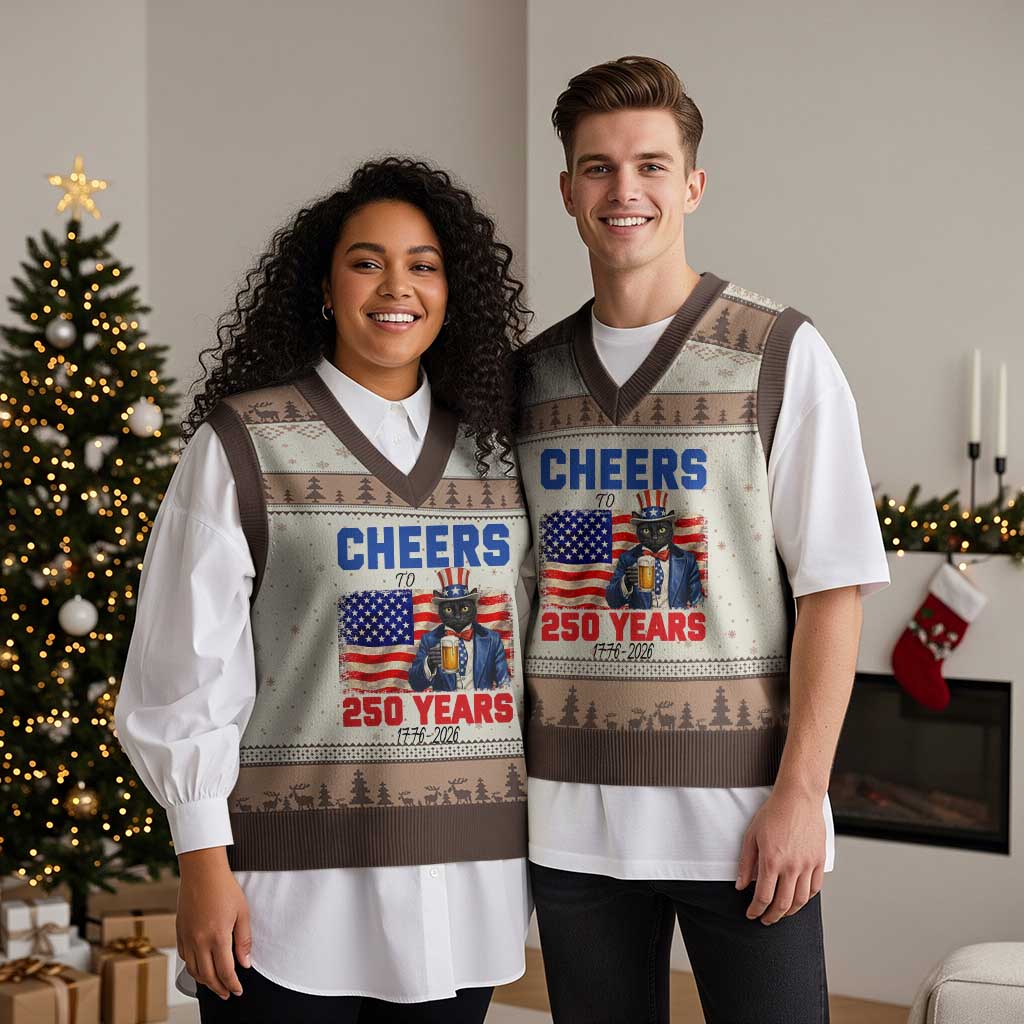 Vintage Cat Uncle Sam V-Neck Knit Sweater Vest Cheers To 250 Years TS12 Mocha Mousse Print Your Wear