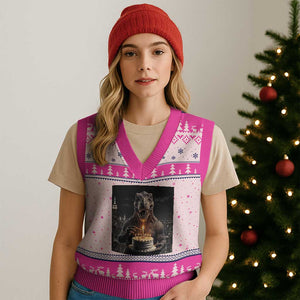 Funny Birthday Dinosaur V-Neck Knit Sweater Vest Prehistoric Party Celebration TS12 Hot Pink Print Your Wear