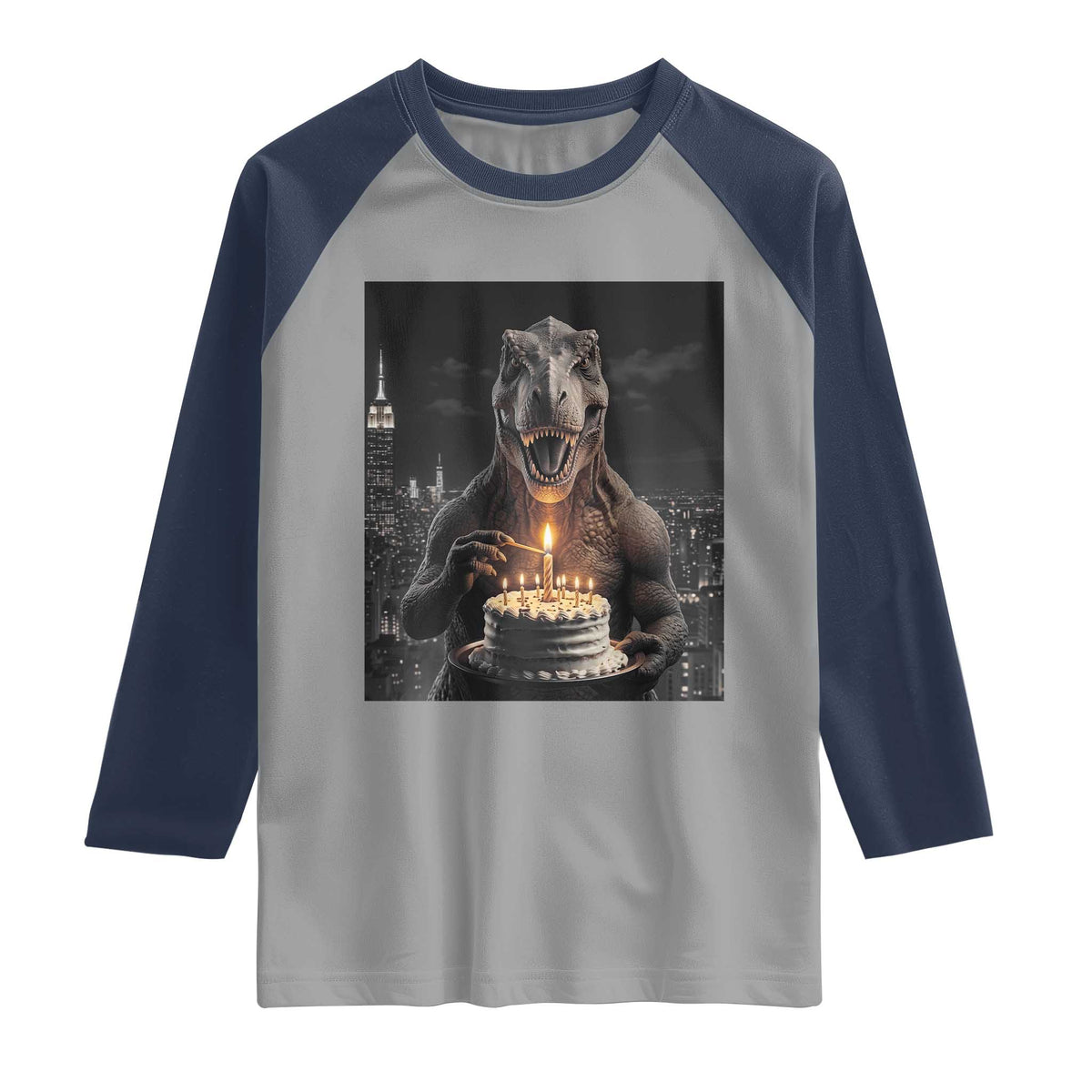 Funny Birthday Dinosaur Raglan Shirt Prehistoric Party Celebration TS12 Sport Gray Navy Print Your Wear