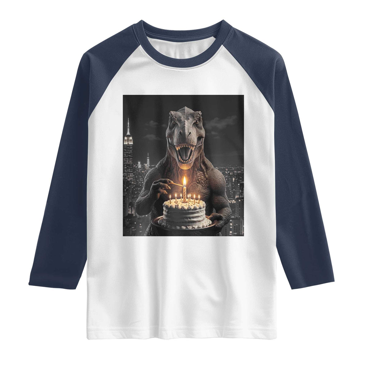 Funny Birthday Dinosaur Raglan Shirt Prehistoric Party Celebration TS12 White Navy Print Your Wear