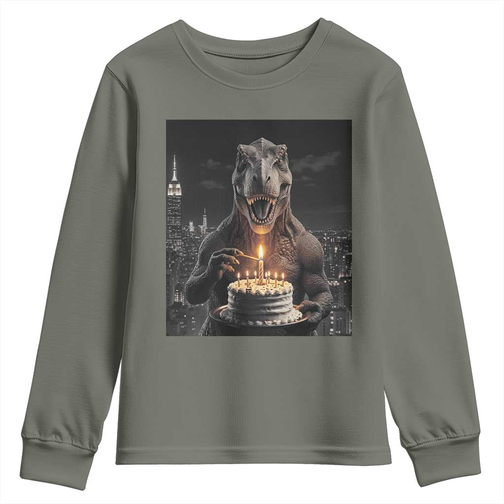 Funny Birthday Dinosaur Youth Sweatshirt Prehistoric Party Celebration TS12 Military Green Print Your Wear