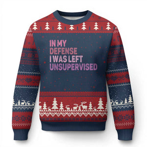 Funny Sarcastic Quote Ugly Christmas Sweater In My Defense I Was Left Unsupervised TS12 Navy Red Print Your Wear