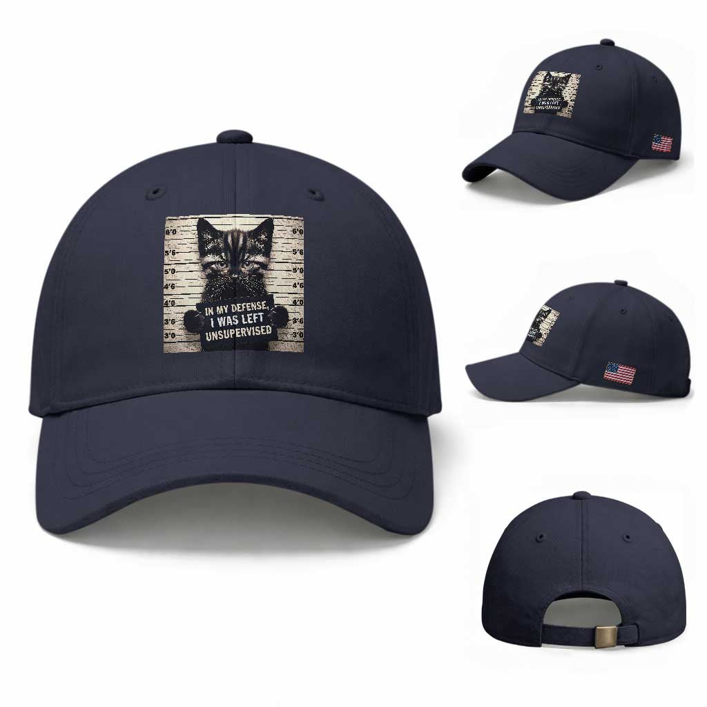 Funny Bad Cat Attitude Baseball Cap In My Defense I Was Left Unsupervised TS12 Baseball Cap Universal Fit Navy Print Your Wear