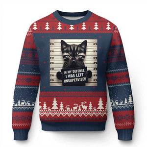 Funny Bad Cat Attitude Ugly Christmas Sweater In My Defense I Was Left Unsupervised TS12 Navy Red Print Your Wear