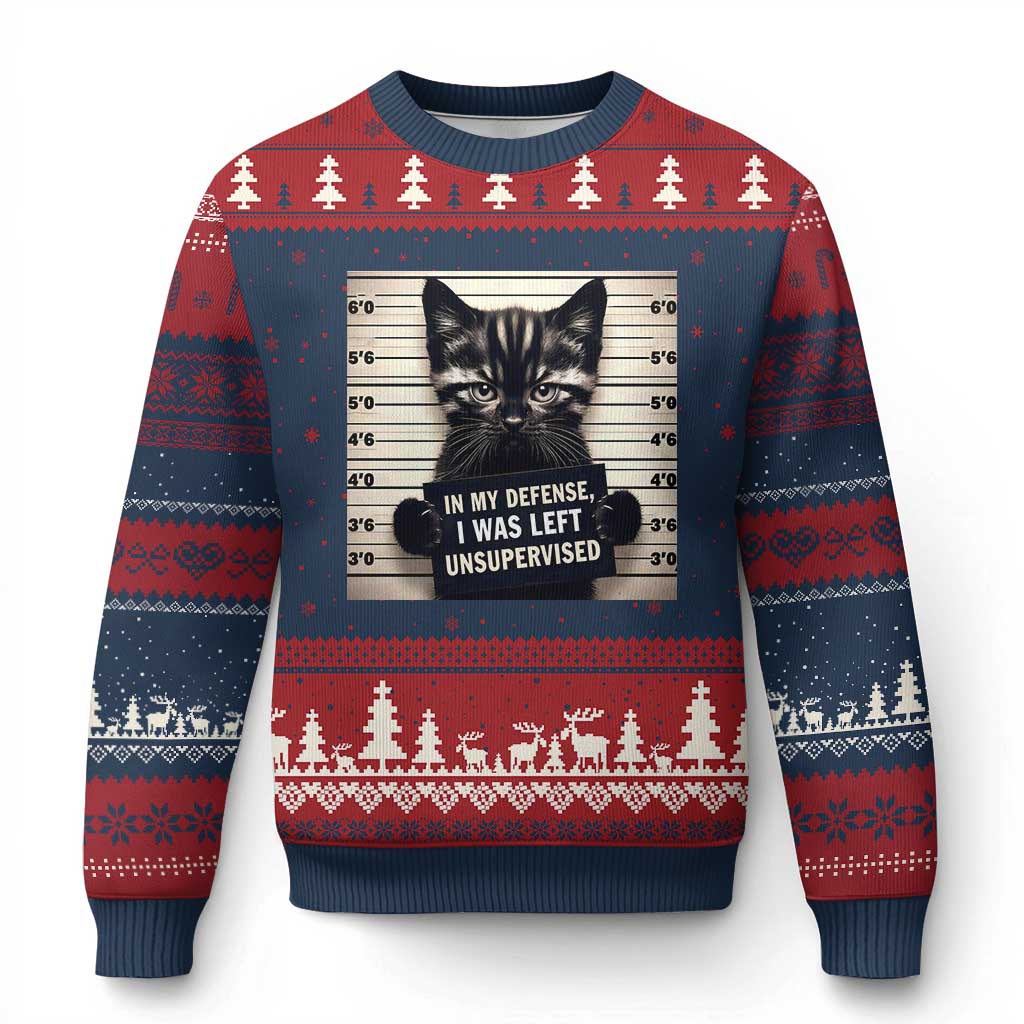 Funny Bad Cat Attitude Ugly Christmas Sweater In My Defense I Was Left Unsupervised TS12 Navy Red Print Your Wear