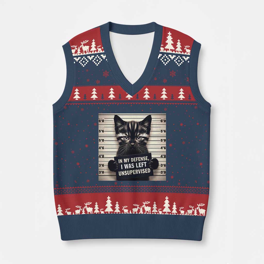 Funny Bad Cat Attitude V-Neck Knit Sweater Vest In My Defense I Was Left Unsupervised TS12 Navy Red Print Your Wear