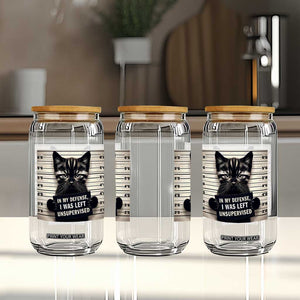Funny Bad Cat Attitude Glass Can In My Defense I Was Left Unsupervised TS12 Print Your Wear