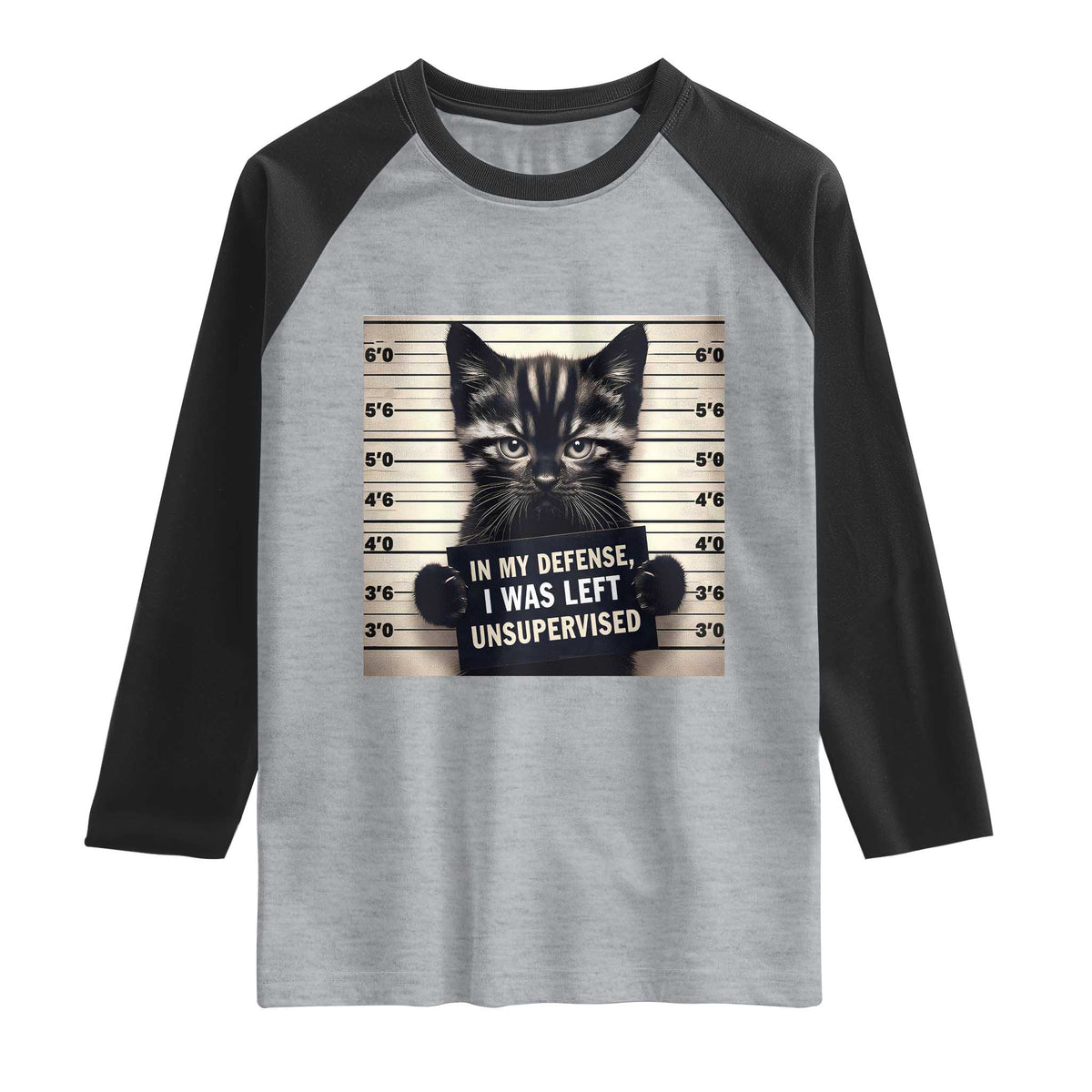 Funny Bad Cat Attitude Raglan Shirt In My Defense I Was Left Unsupervised TS12 Heather Gray Black Print Your Wear