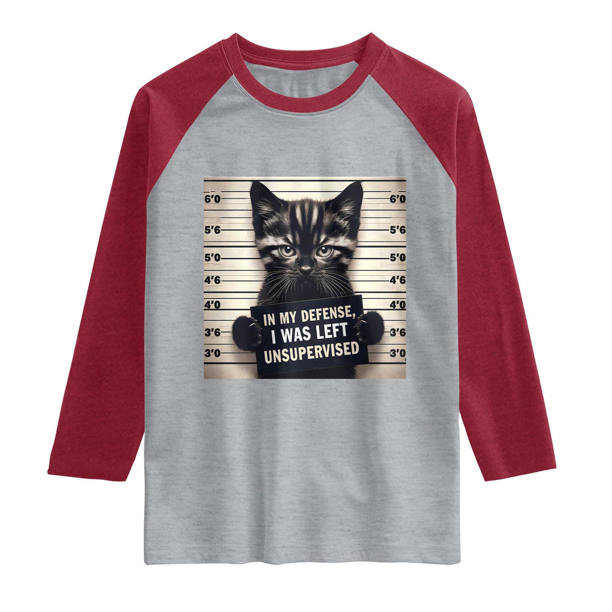 Funny Bad Cat Attitude Raglan Shirt In My Defense I Was Left Unsupervised TS12 Heather Gray Heather Red Print Your Wear