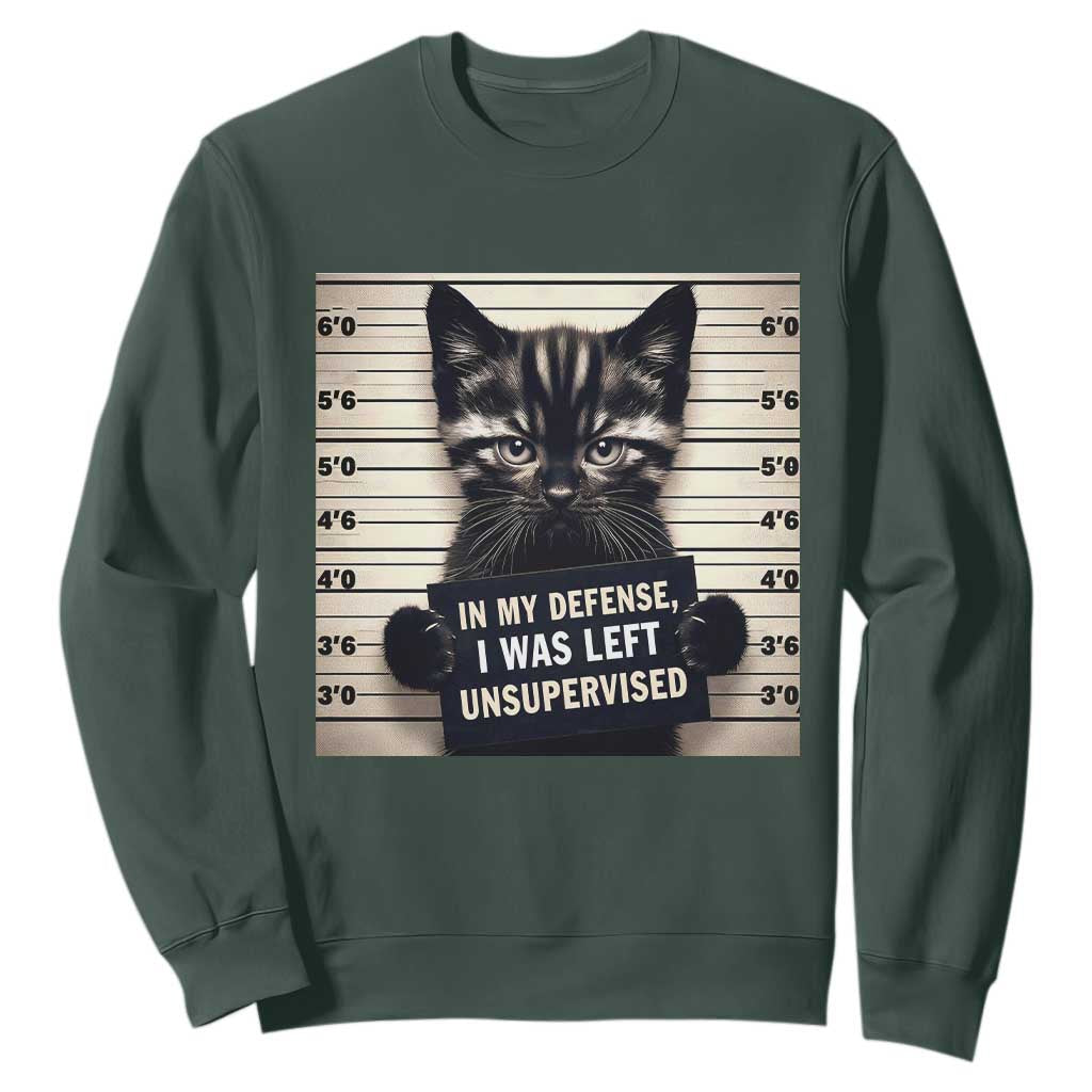 Funny Bad Cat Attitude Sweatshirt In My Defense I Was Left Unsupervised TS12 Dark Forest Green Print Your Wear