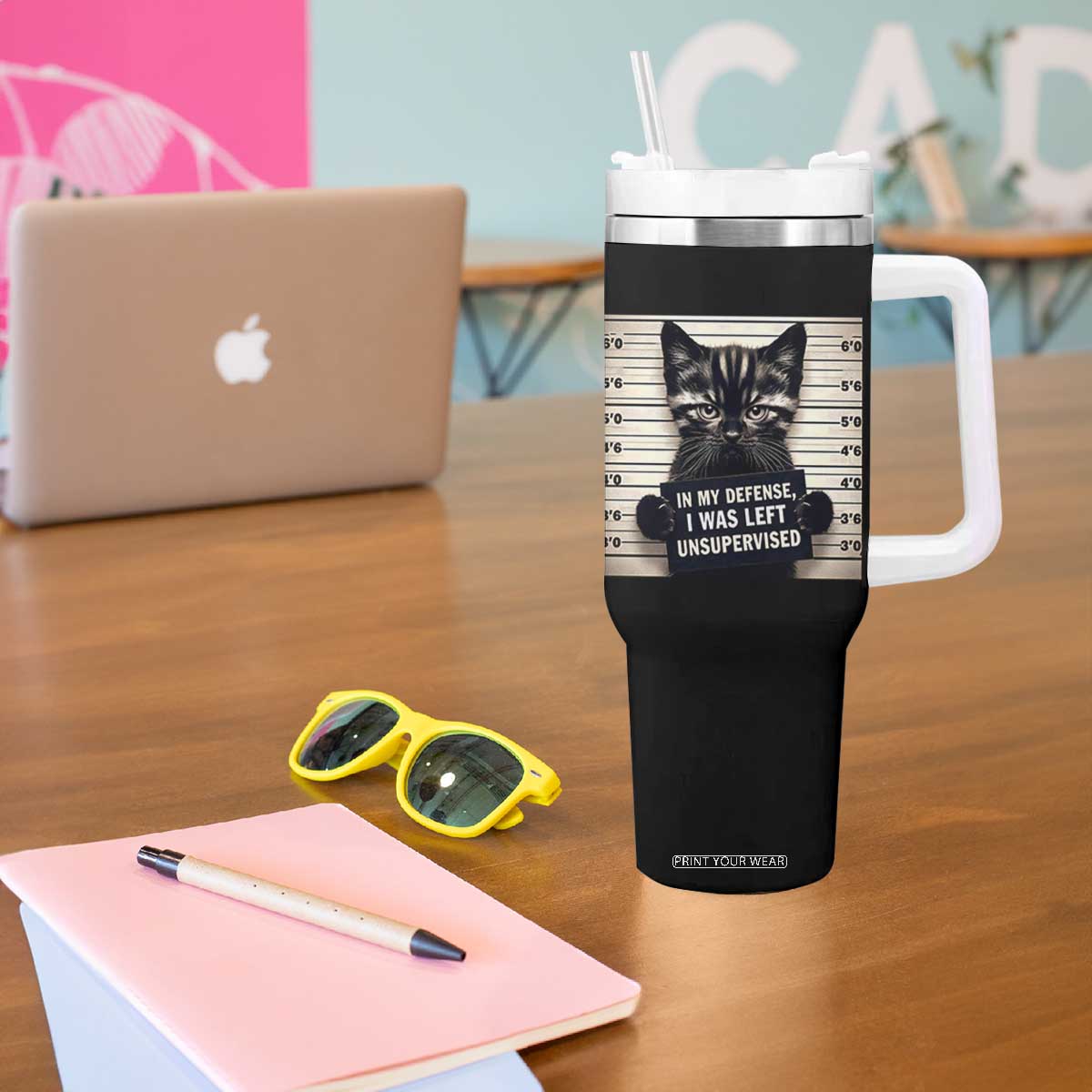 Funny Bad Cat Attitude Tumbler With Handle In My Defense I Was Left Unsupervised TS12 Print Your Wear