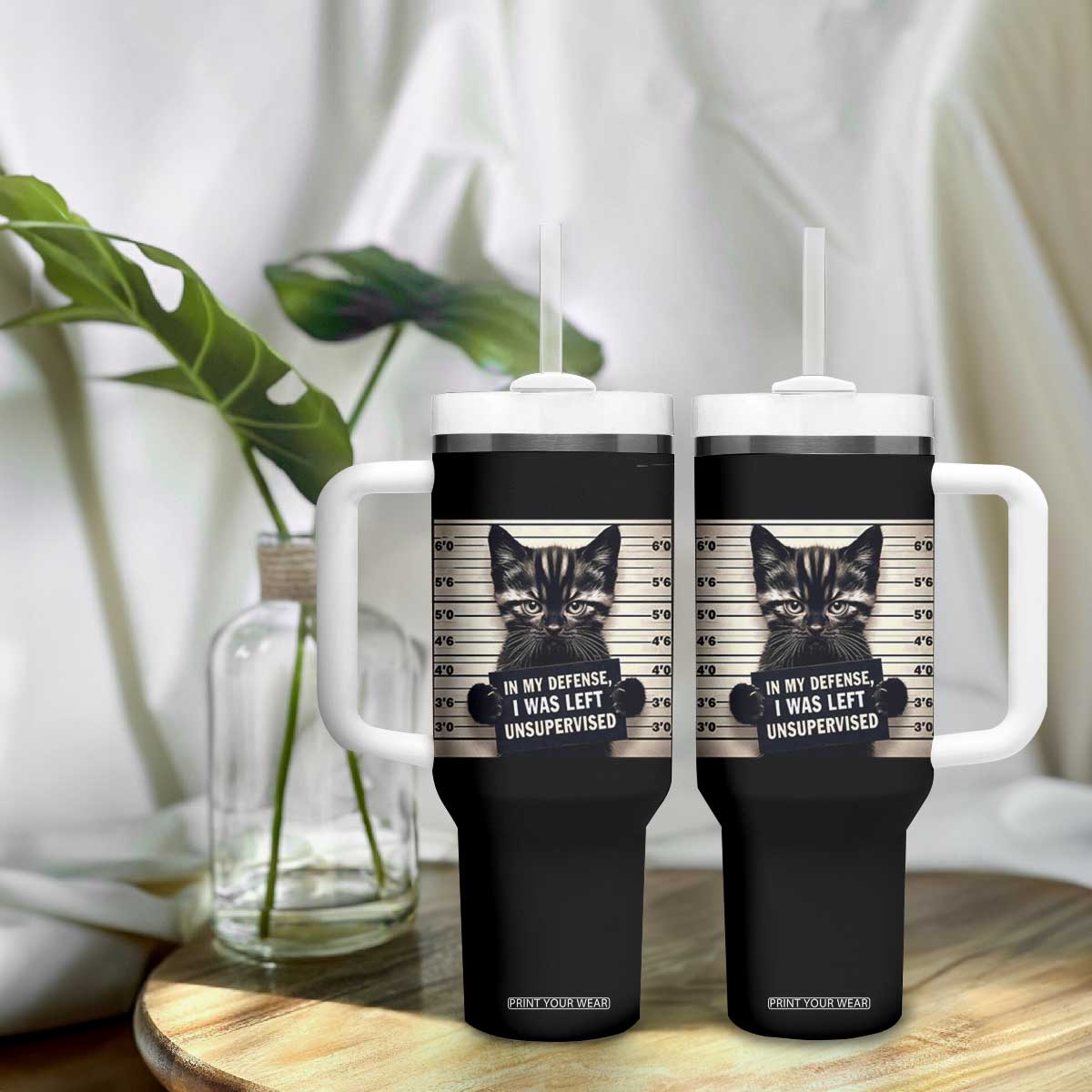 Funny Bad Cat Attitude Tumbler With Handle In My Defense I Was Left Unsupervised TS12 Print Your Wear