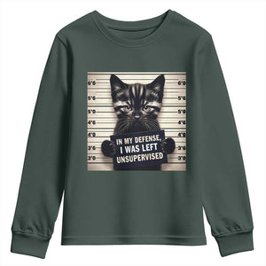 Funny Bad Cat Attitude Youth Sweatshirt In My Defense I Was Left Unsupervised TS12 Dark Forest Green Print Your Wear