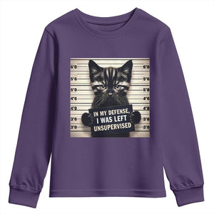 Funny Bad Cat Attitude Youth Sweatshirt In My Defense I Was Left Unsupervised TS12 Purple Print Your Wear
