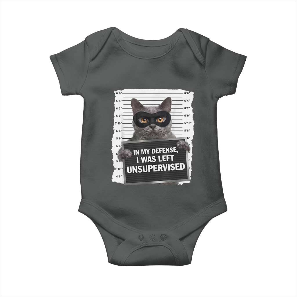 Funny Cat Mugshot Baby Onesie In My Defense I Was Left Unsupervised TS12 Dark Heather Print Your Wear