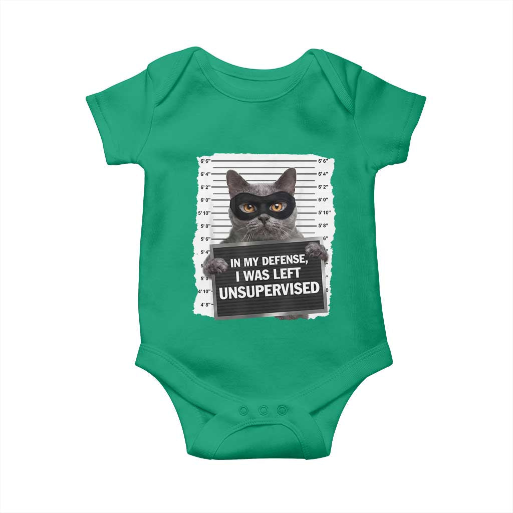 Funny Cat Mugshot Baby Onesie In My Defense I Was Left Unsupervised TS12 Irish Green Print Your Wear