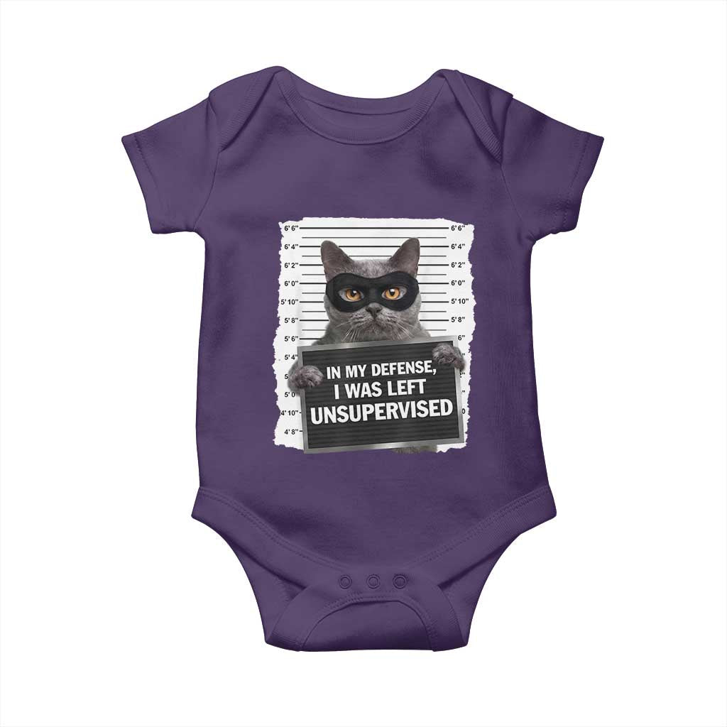 Funny Cat Mugshot Baby Onesie In My Defense I Was Left Unsupervised TS12 Purple Print Your Wear