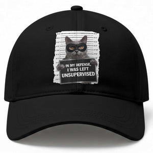 Funny Cat Mugshot Baseball Cap In My Defense I Was Left Unsupervised TS12 Print Your Wear