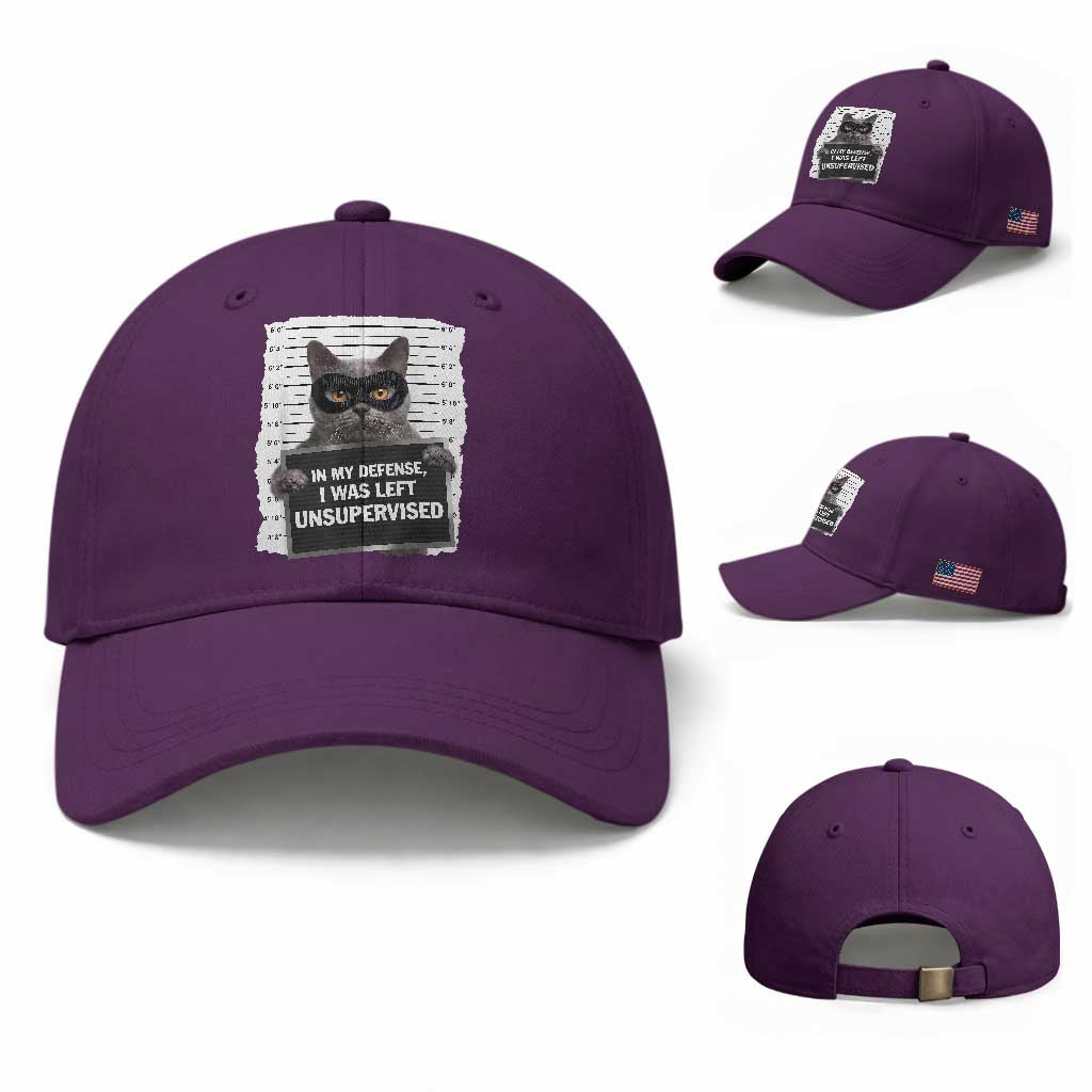 Funny Cat Mugshot Baseball Cap In My Defense I Was Left Unsupervised TS12 Baseball Cap Universal Fit Purple Print Your Wear