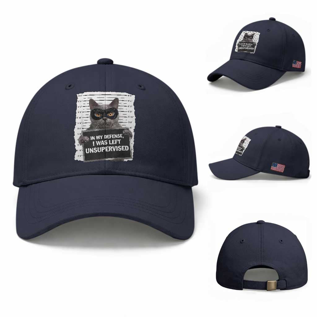 Funny Cat Mugshot Baseball Cap In My Defense I Was Left Unsupervised TS12 Baseball Cap Universal Fit Navy Print Your Wear