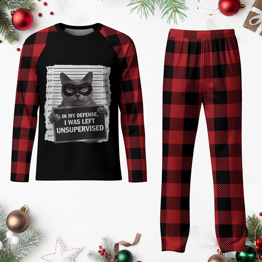 Funny Cat Mugshot Plaid Pajama Set In My Defense I Was Left Unsupervised TS12 Buffalo Plaid Print Your Wear