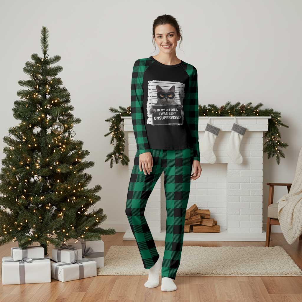 Funny Cat Mugshot Plaid Pajama Set In My Defense I Was Left Unsupervised TS12 Green Plaid Print Your Wear