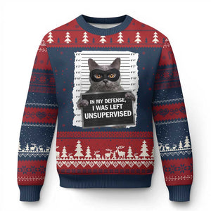 Funny Cat Mugshot Ugly Christmas Sweater In My Defense I Was Left Unsupervised TS12 Navy Red Print Your Wear
