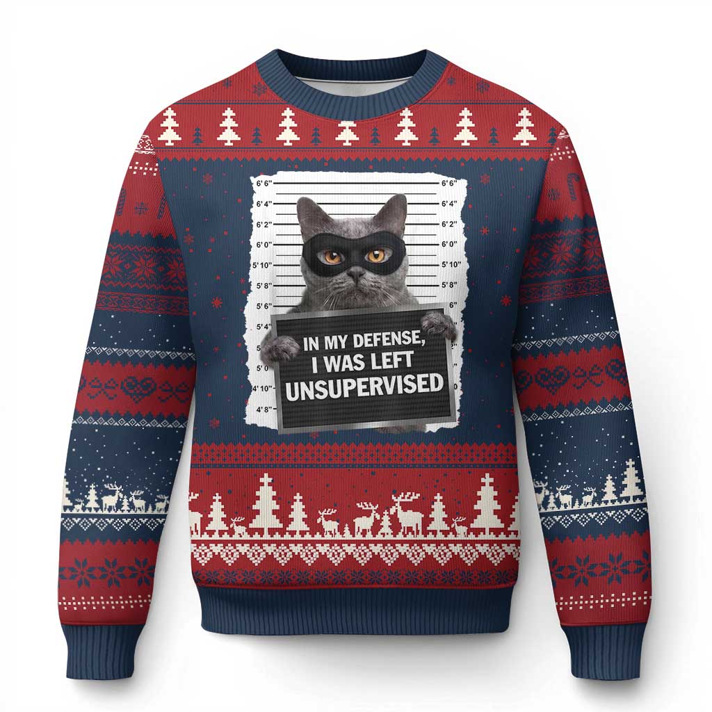 Funny Cat Mugshot Ugly Christmas Sweater In My Defense I Was Left Unsupervised TS12 Navy Red Print Your Wear