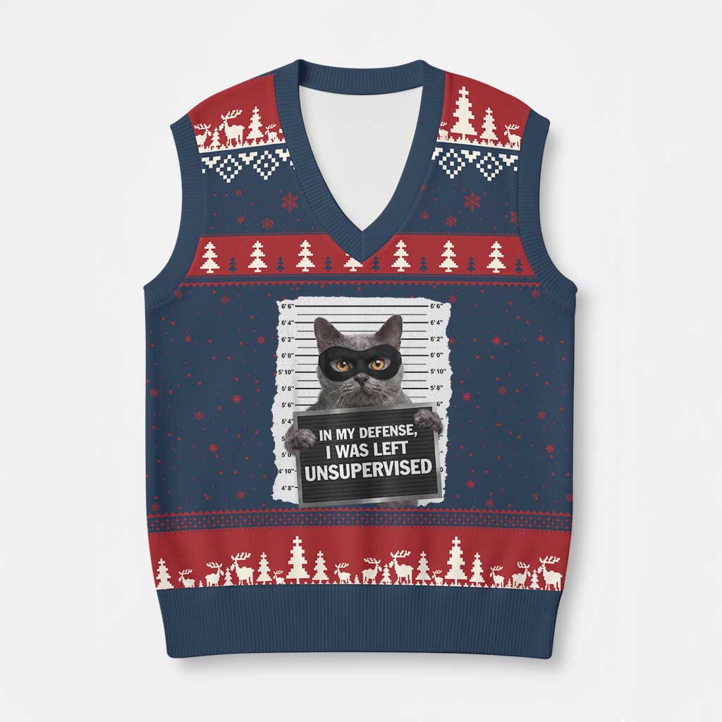 Funny Cat Mugshot V-Neck Knit Sweater Vest In My Defense I Was Left Unsupervised TS12 Navy Red Print Your Wear