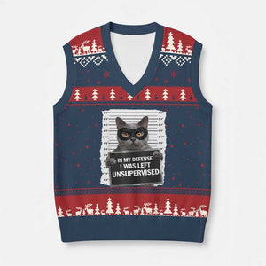 Funny Cat Mugshot V-Neck Knit Sweater Vest In My Defense I Was Left Unsupervised TS12 Navy Red Print Your Wear