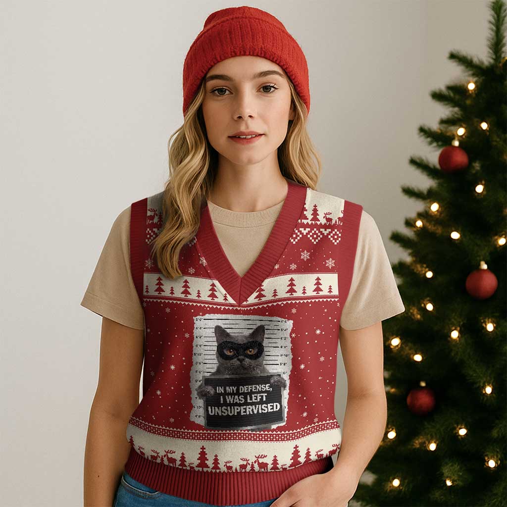 Funny Cat Mugshot V-Neck Knit Sweater Vest In My Defense I Was Left Unsupervised TS12 Red Beige Print Your Wear