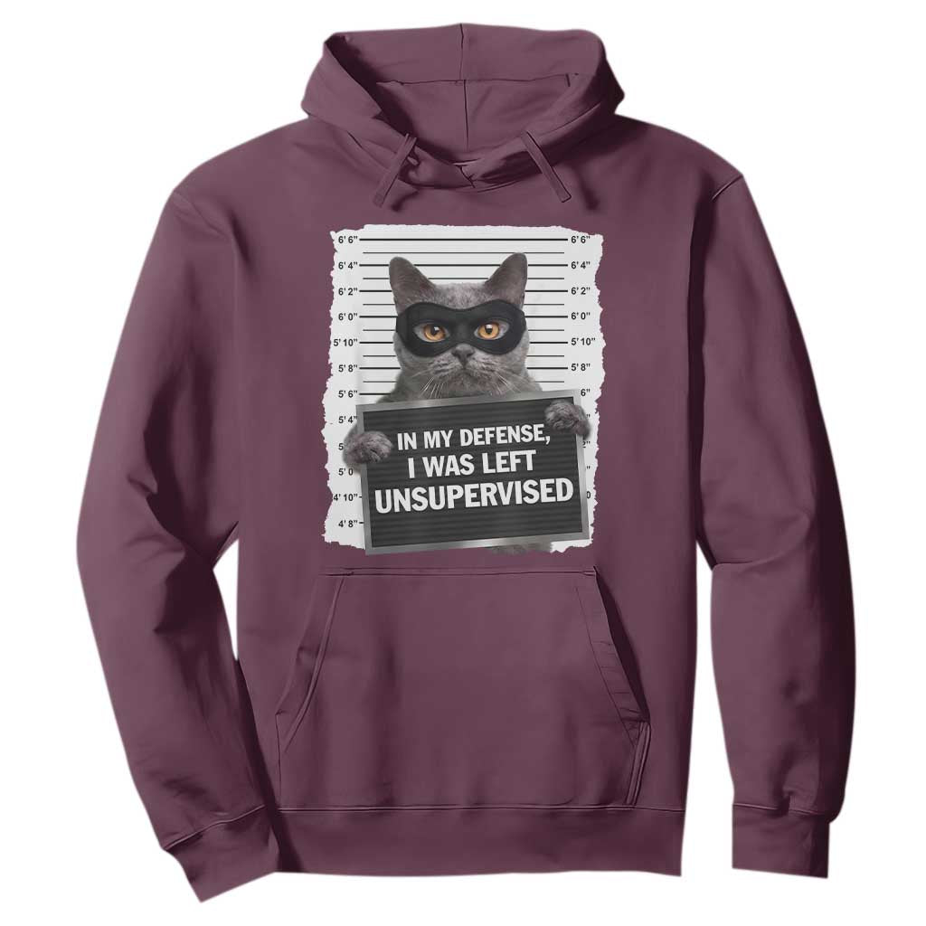 Funny Cat Mugshot Hoodie In My Defense I Was Left Unsupervised TS12 Maroon Print Your Wear