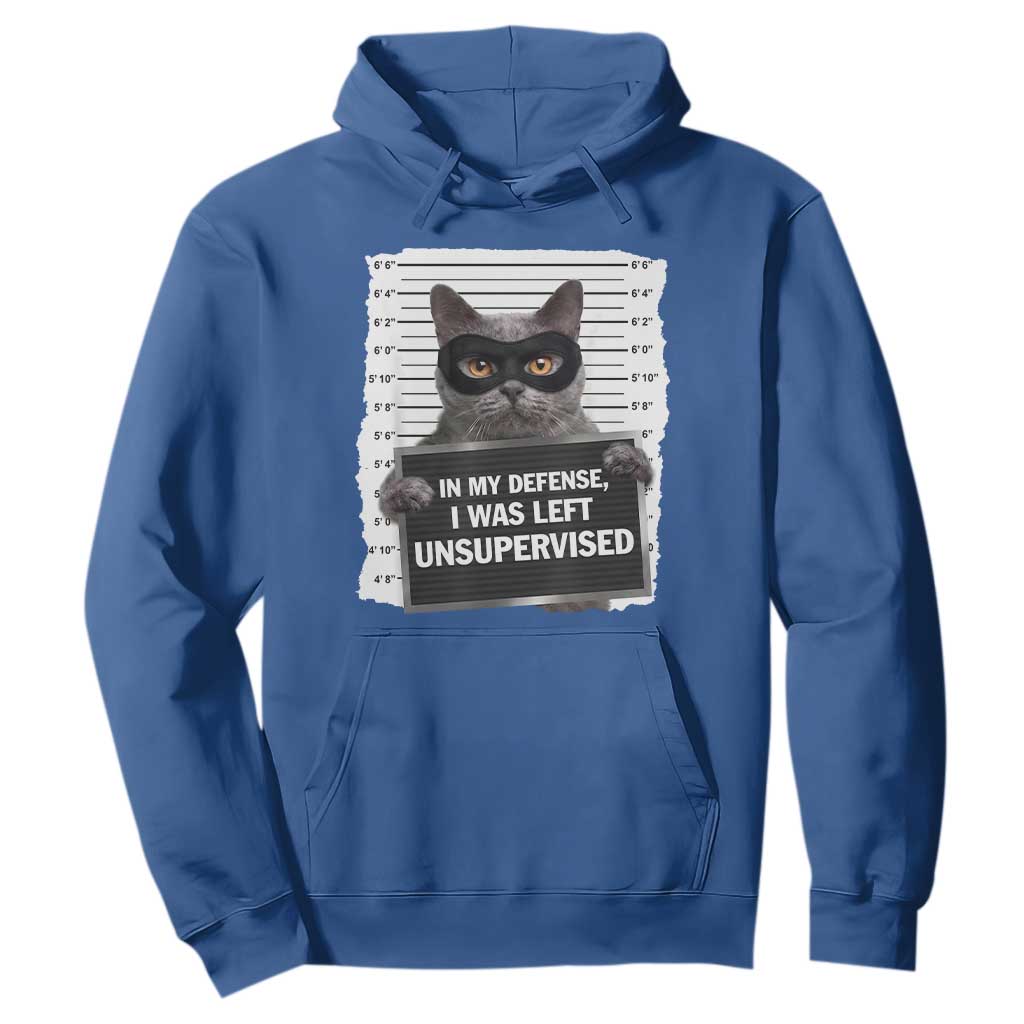 Funny Cat Mugshot Hoodie In My Defense I Was Left Unsupervised TS12 Royal Blue Print Your Wear