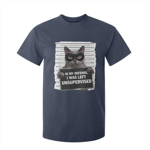 Funny Cat Mugshot T Shirt For Kid In My Defense I Was Left Unsupervised TS12 Navy Print Your Wear