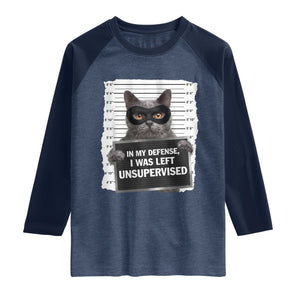 Funny Cat Mugshot Raglan Shirt In My Defense I Was Left Unsupervised TS12 Heather Denim Navy Print Your Wear