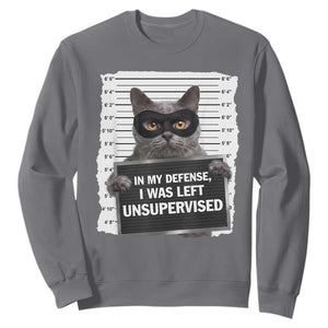 Funny Cat Mugshot Sweatshirt In My Defense I Was Left Unsupervised TS12 Charcoal Print Your Wear