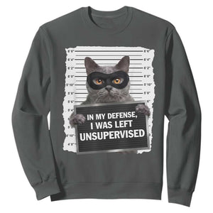 Funny Cat Mugshot Sweatshirt In My Defense I Was Left Unsupervised TS12 Dark Heather Print Your Wear