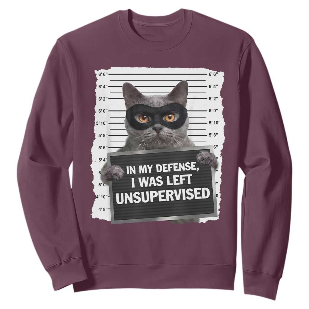 Funny Cat Mugshot Sweatshirt In My Defense I Was Left Unsupervised TS12 Maroon Print Your Wear