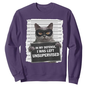 Funny Cat Mugshot Sweatshirt In My Defense I Was Left Unsupervised TS12 Purple Print Your Wear
