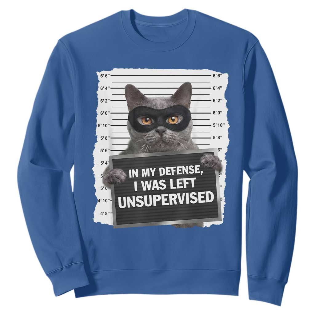 Funny Cat Mugshot Sweatshirt In My Defense I Was Left Unsupervised TS12 Royal Blue Print Your Wear