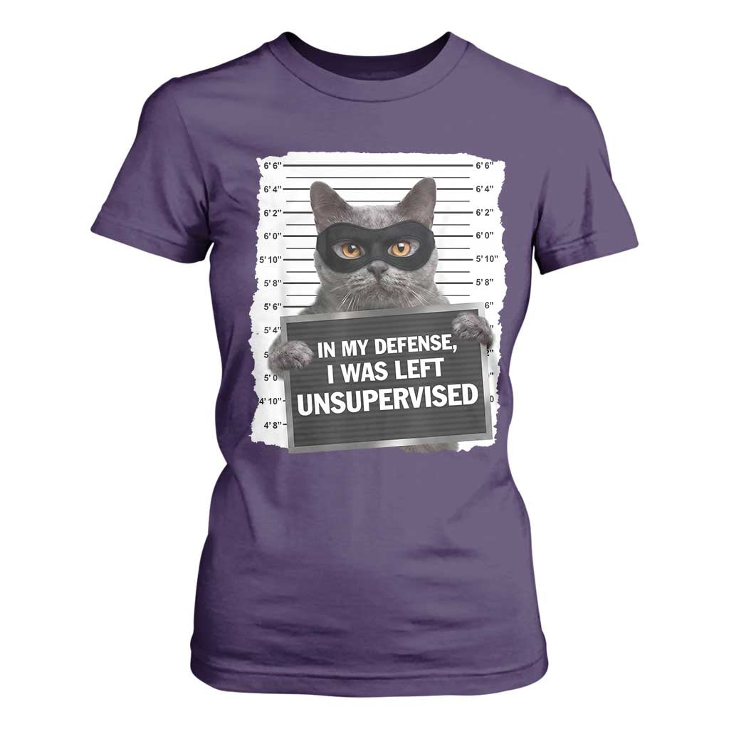 Funny Cat Mugshot T Shirt For Women In My Defense I Was Left Unsupervised TS12 Purple Print Your Wear