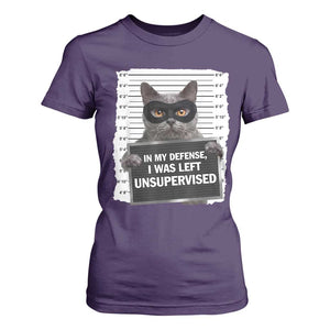 Funny Cat Mugshot T Shirt For Women In My Defense I Was Left Unsupervised TS12 Purple Print Your Wear