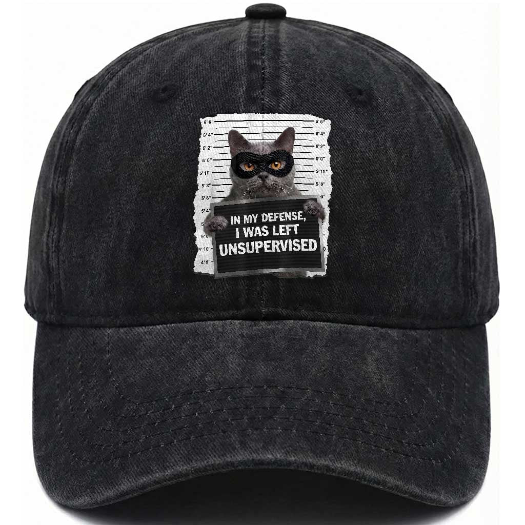 Funny Cat Mugshot Washed Cotton Baseball Cap In My Defense I Was Left Unsupervised TS12 Print Your Wear