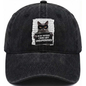 Funny Cat Mugshot Washed Cotton Baseball Cap In My Defense I Was Left Unsupervised TS12 Print Your Wear
