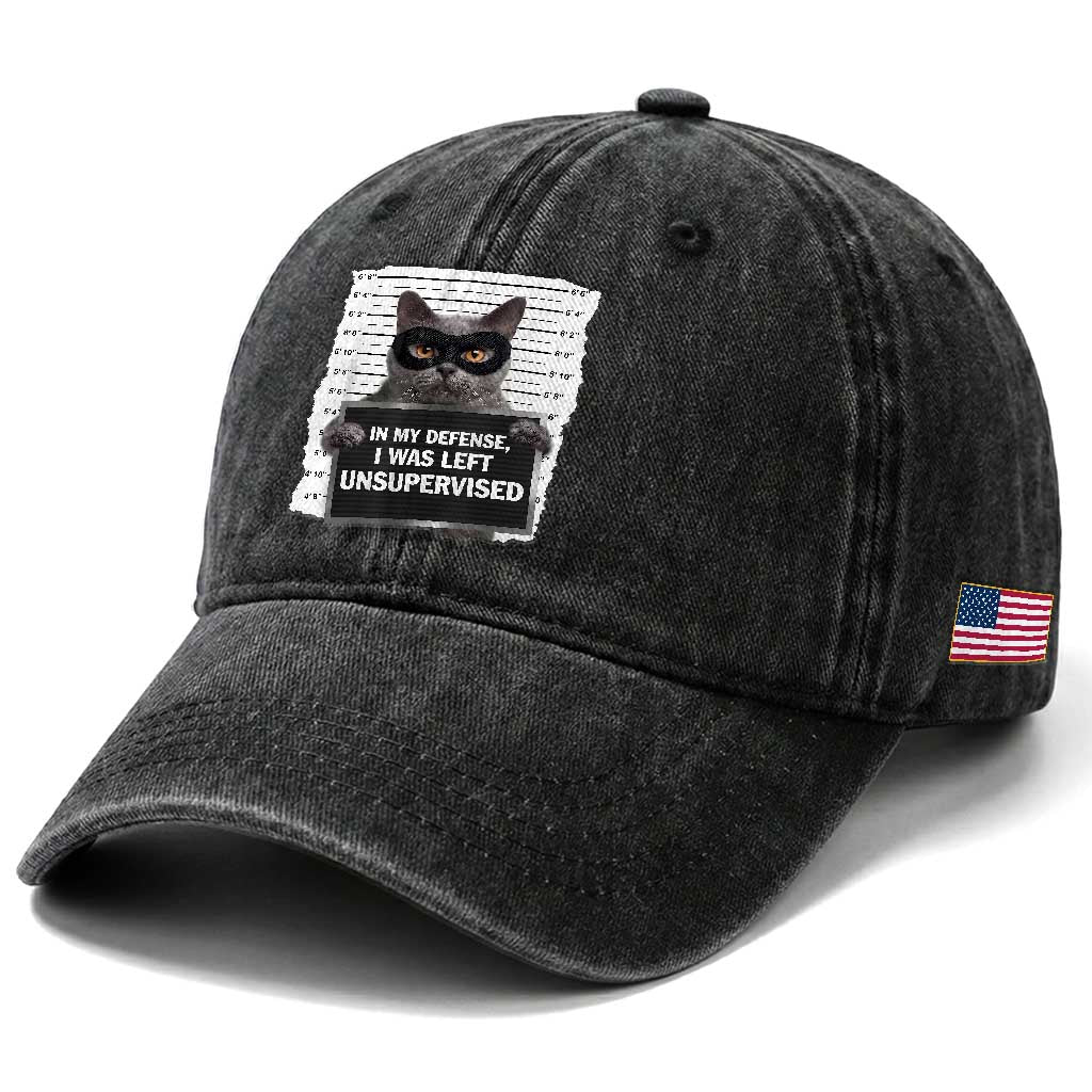 Funny Cat Mugshot Washed Cotton Baseball Cap In My Defense I Was Left Unsupervised TS12 Print Your Wear