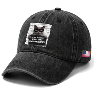 Funny Cat Mugshot Washed Cotton Baseball Cap In My Defense I Was Left Unsupervised TS12 Print Your Wear