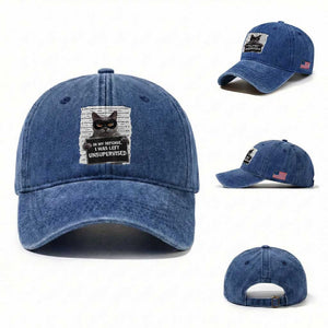 Funny Cat Mugshot Washed Cotton Baseball Cap In My Defense I Was Left Unsupervised TS12 Washed Cap Universal Fit Royal Blue Print Your Wear