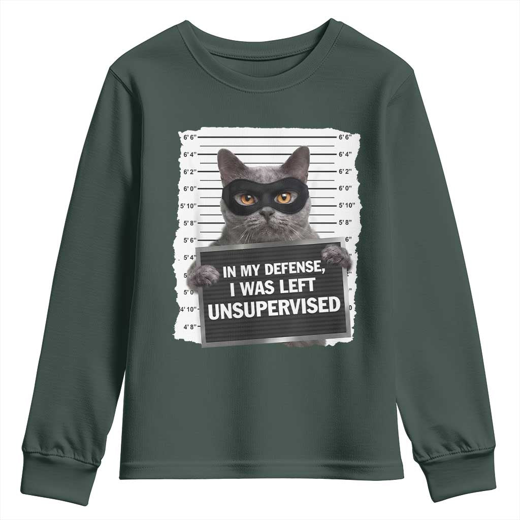 Funny Cat Mugshot Youth Sweatshirt In My Defense I Was Left Unsupervised TS12 Dark Forest Green Print Your Wear