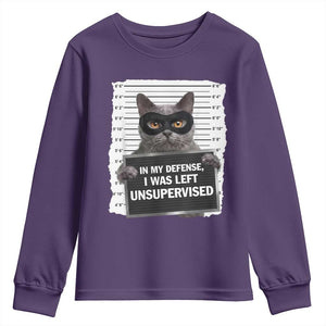 Funny Cat Mugshot Youth Sweatshirt In My Defense I Was Left Unsupervised TS12 Purple Print Your Wear
