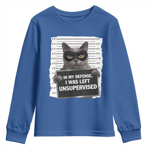 Funny Cat Mugshot Youth Sweatshirt In My Defense I Was Left Unsupervised TS12 Royal Blue Print Your Wear